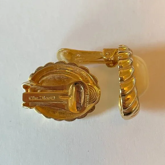 Vintage Christian Dior Clip on Earrings Gold Tone Cream Center 1980-1990s Preppy